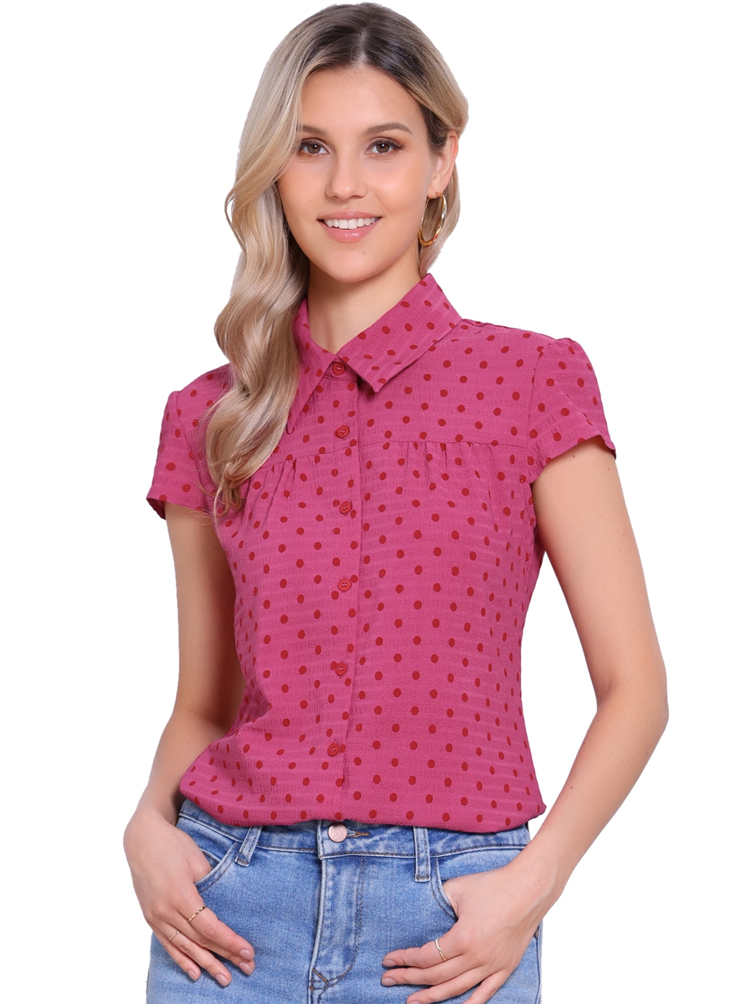 DARING DIVA Women's Polka Dots Shirt Retro Short Sleeve Button Up Top S Hot Pink