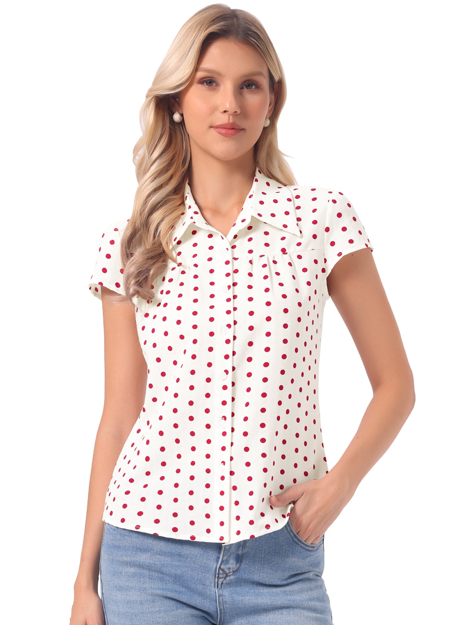 DARING DIVA Women's Polka Dots Shirt Retro Short Sleeve Button Up Top S White Red