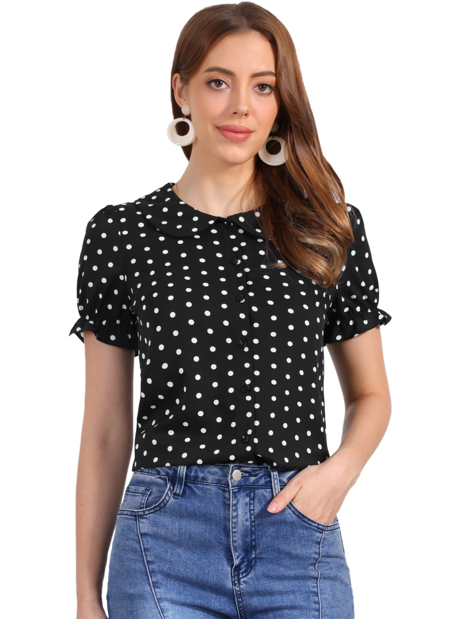 DARING DIVA Women's Polka Dots Short Puff Sleeve Button Up Collar Blouse S Black White