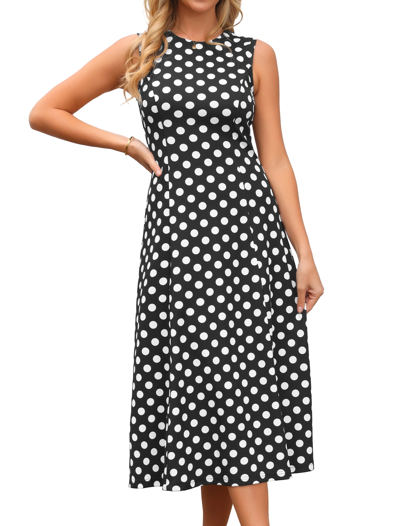 DARING DIVA Women's Polka Dots Sleeveless Sundress Vintage Crewneck Midi Dress L Black