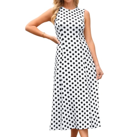 DARING DIVA Women's Polka Dots Sleeveless Sundress Vintage Crewneck Midi Dress L White