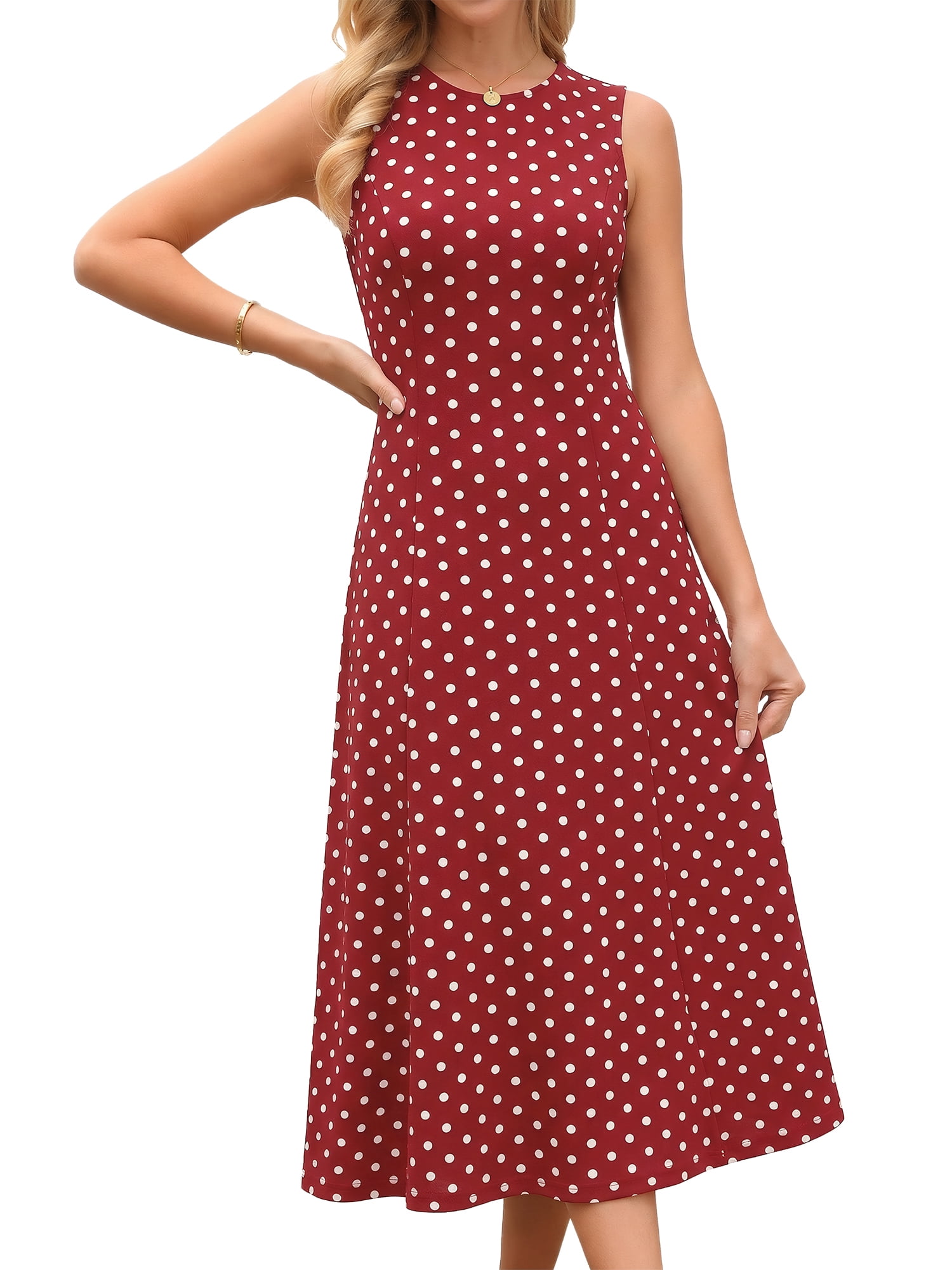 DARING DIVA Women's Polka Dots Sleeveless Sundress Vintage Crewneck Midi Dress M Dark Red