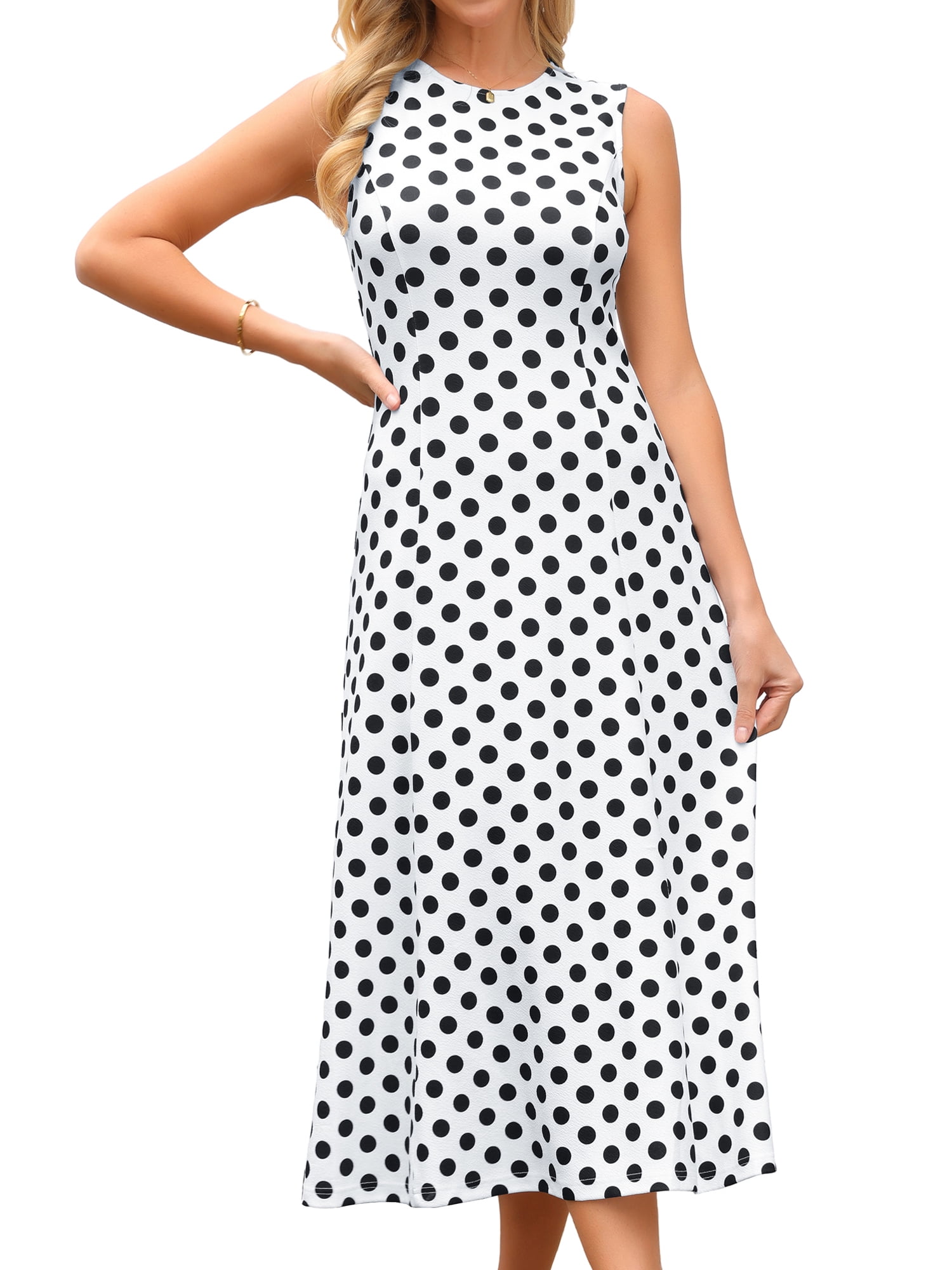 DARING DIVA Women's Polka Dots Sleeveless Sundress Vintage Crewneck Midi Dress M White