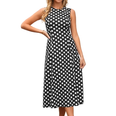 DARING DIVA Women's Polka Dots Sleeveless Sundress Vintage Crewneck Midi Dress S Black