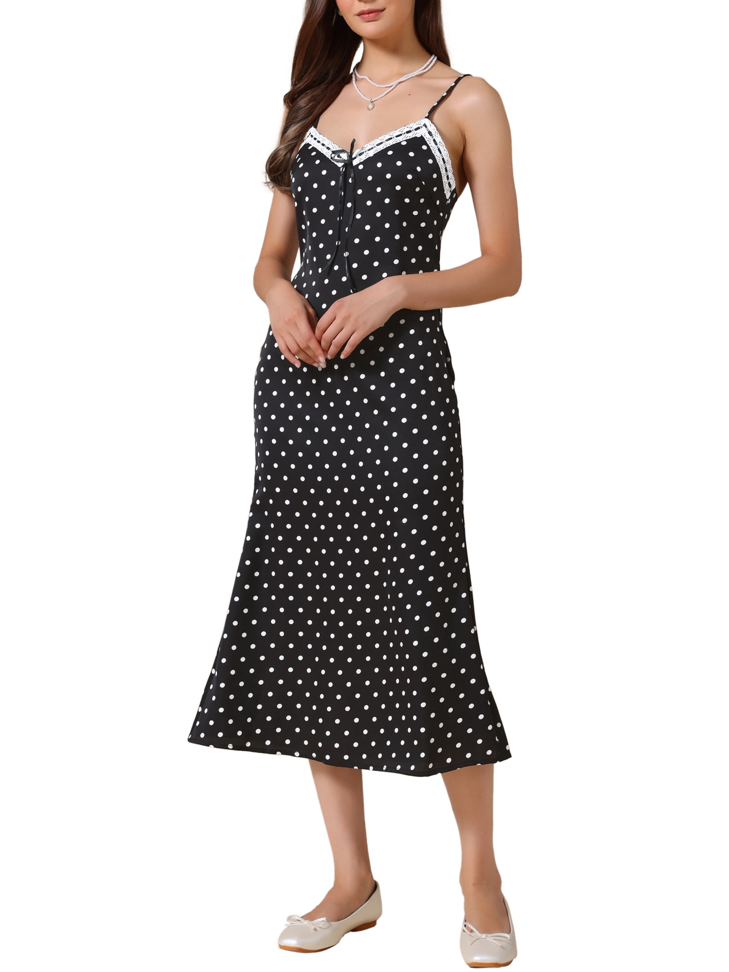 DARING DIVA Women's Polka Dots Sleeveless V Neck Spaghetti Straps Dresses M Black