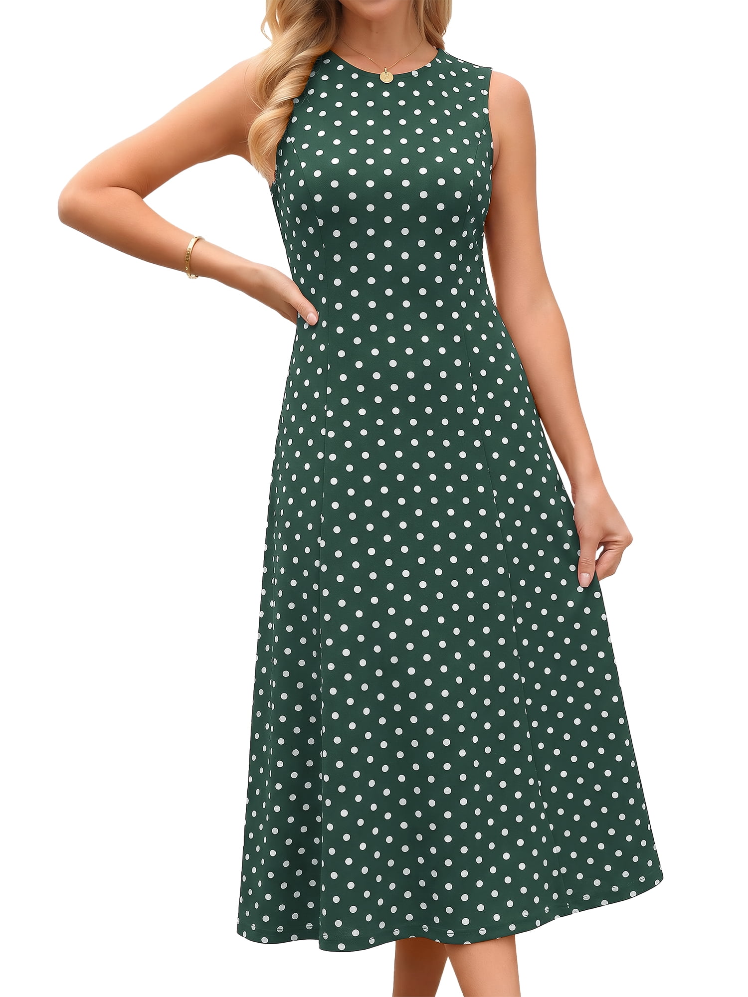 DARING DIVA Women's Polka Dots Sleeveless Vintage Crewneck Midi Dress M Dark Green