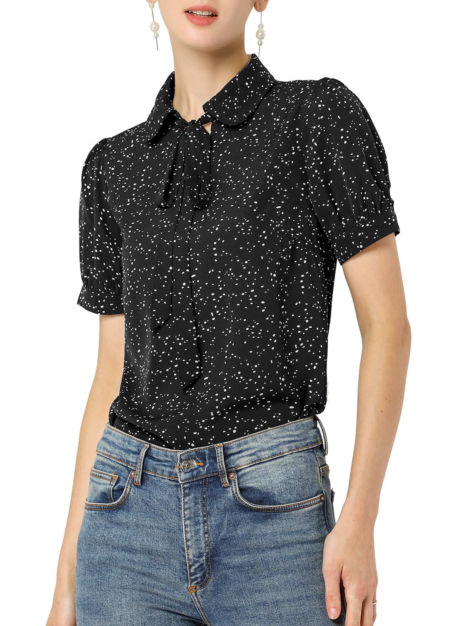 DARING DIVA Women's Polka Dots Tie Bow Chiffon Blouse M Black-Dots