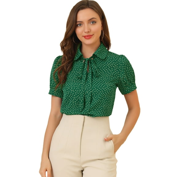 DARING DIVA Women's Polka Dots Tie Bow Chiffon Blouse M Dark Green-Dots