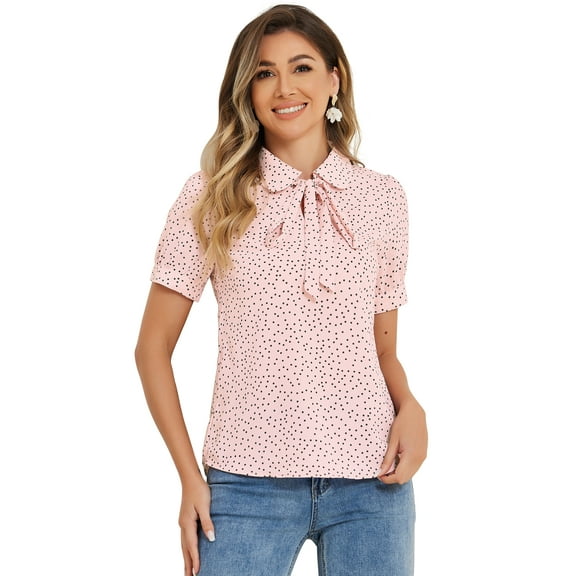DARING DIVA Women's Polka Dots Tie Bow Chiffon Blouse M Pink-Dots