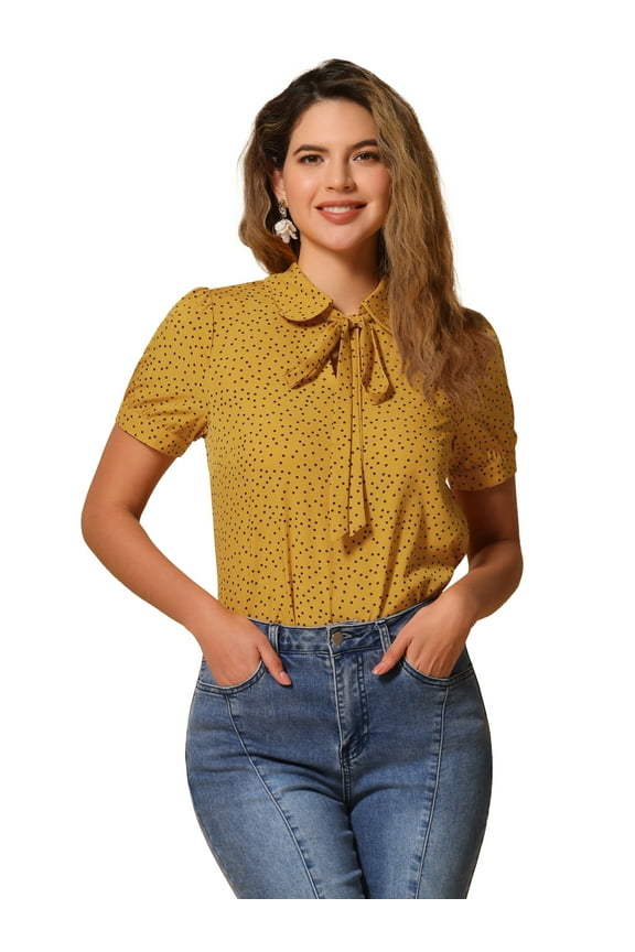 Women's Polka Dots Tie Bow Chiffon Blouse M Yellow