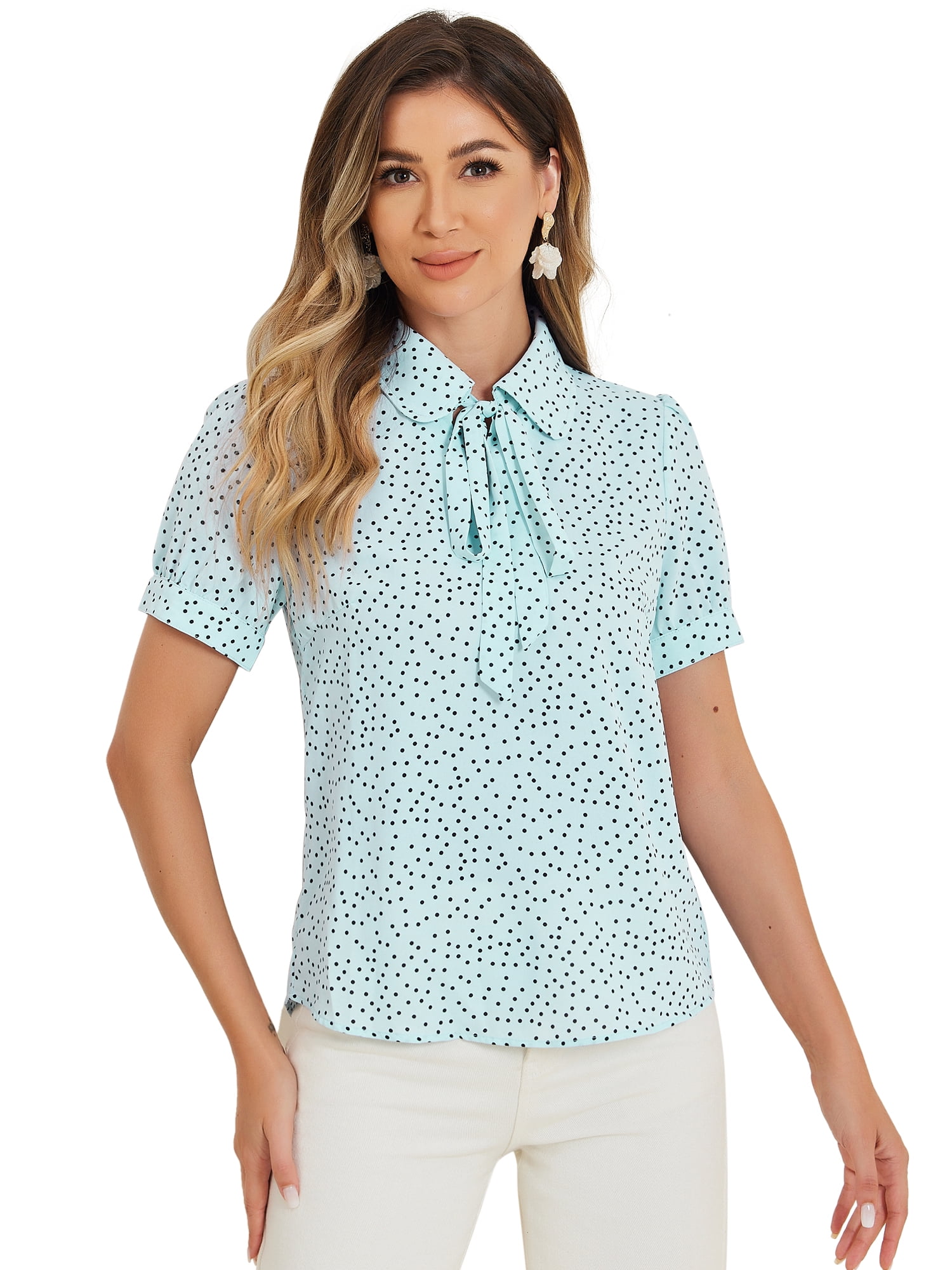 DARING DIVA Women's Polka Dots Tie Bow Chiffon Blouse S Light Blue-Dots