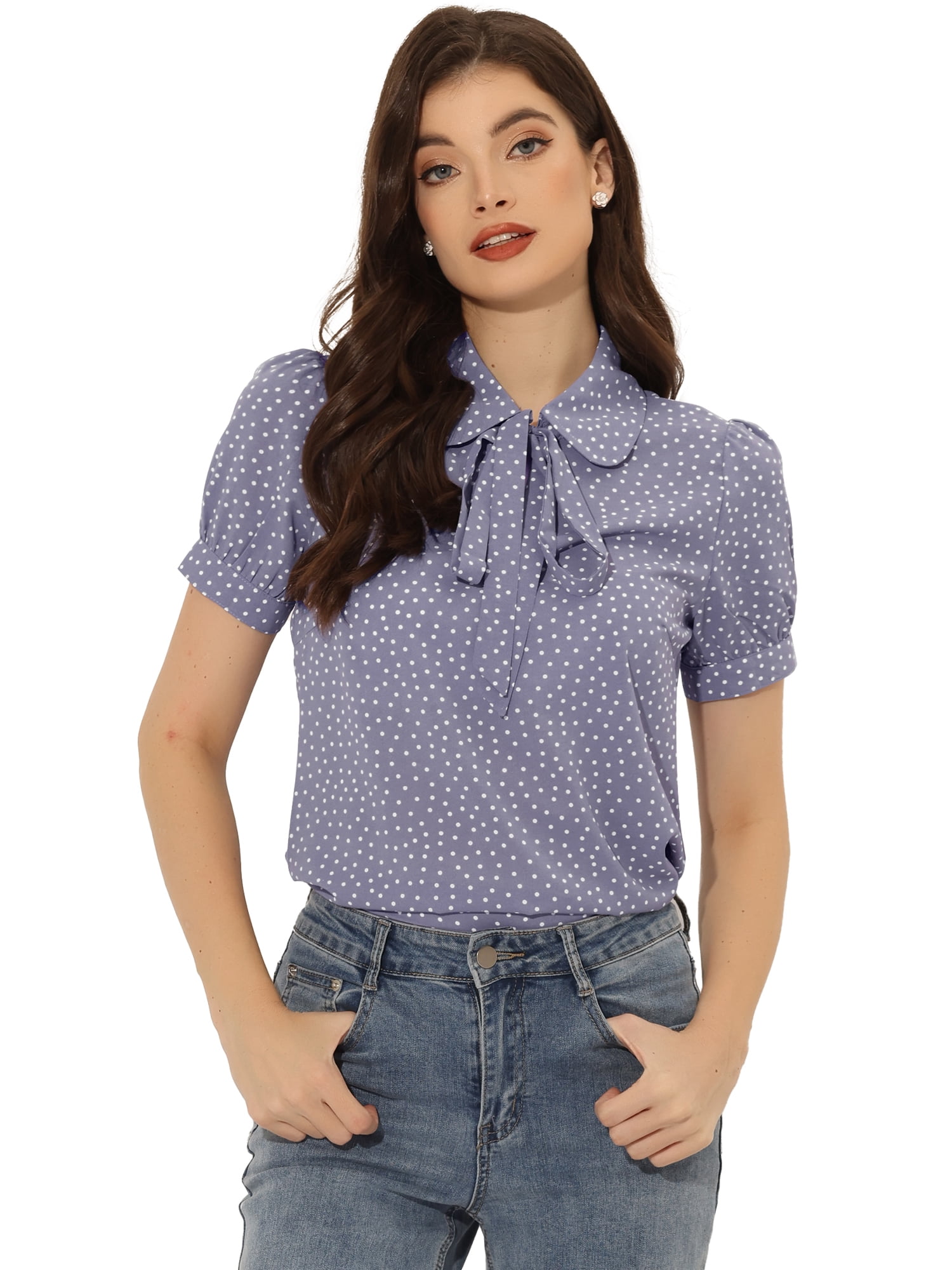 DARING DIVA Women's Polka Dots Tie Bow Chiffon Blouse XL Light Purple-Dots