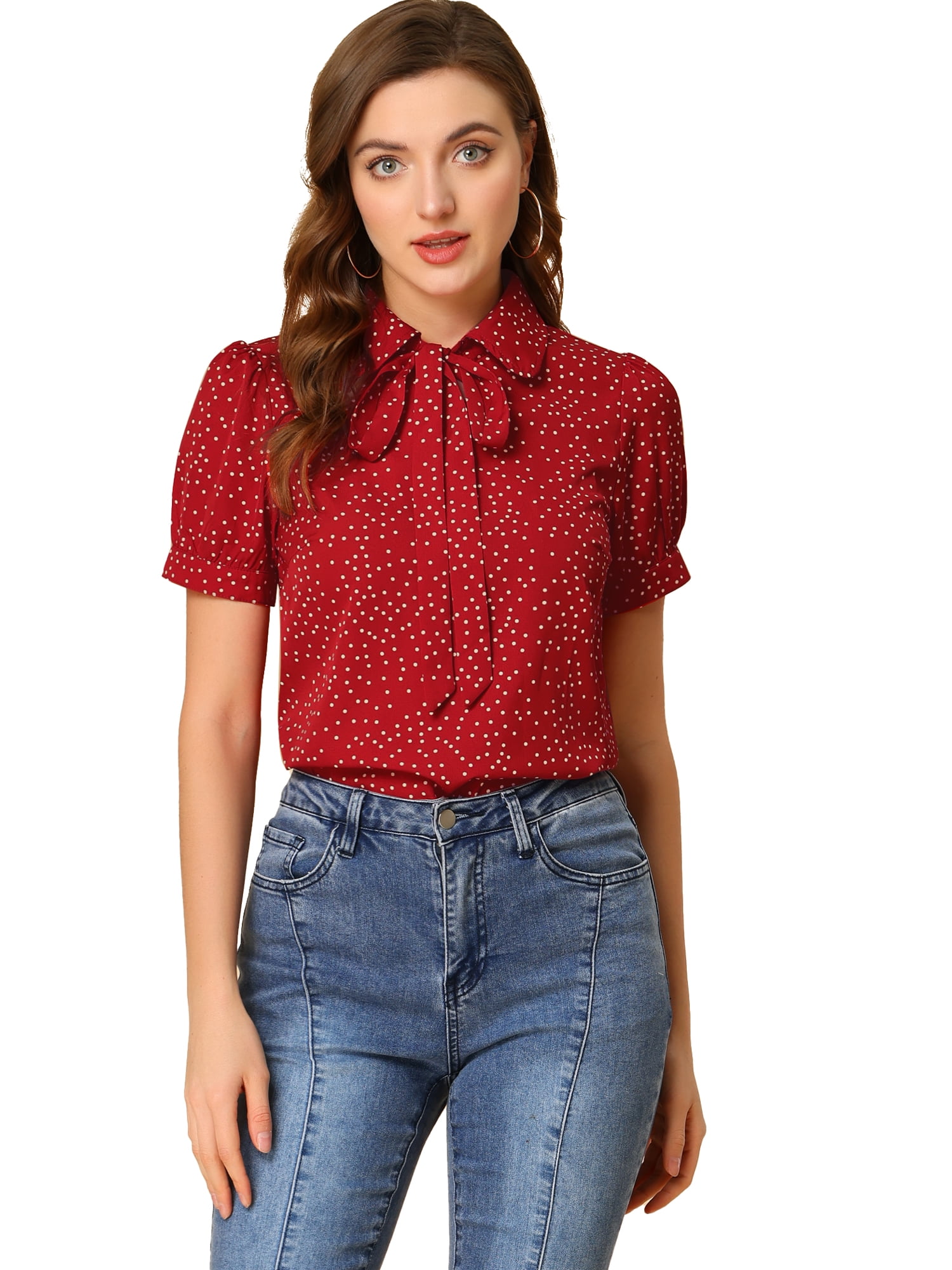 DARING DIVA Women's Polka Dots Tie Bow Chiffon Blouse XL Red-Dots