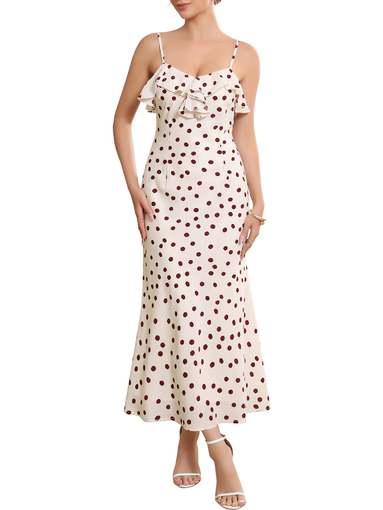 DARING DIVA Women's Polka Dots Vintage Ruffles Spaghetti Strap Cocktail Dresses L Brown
