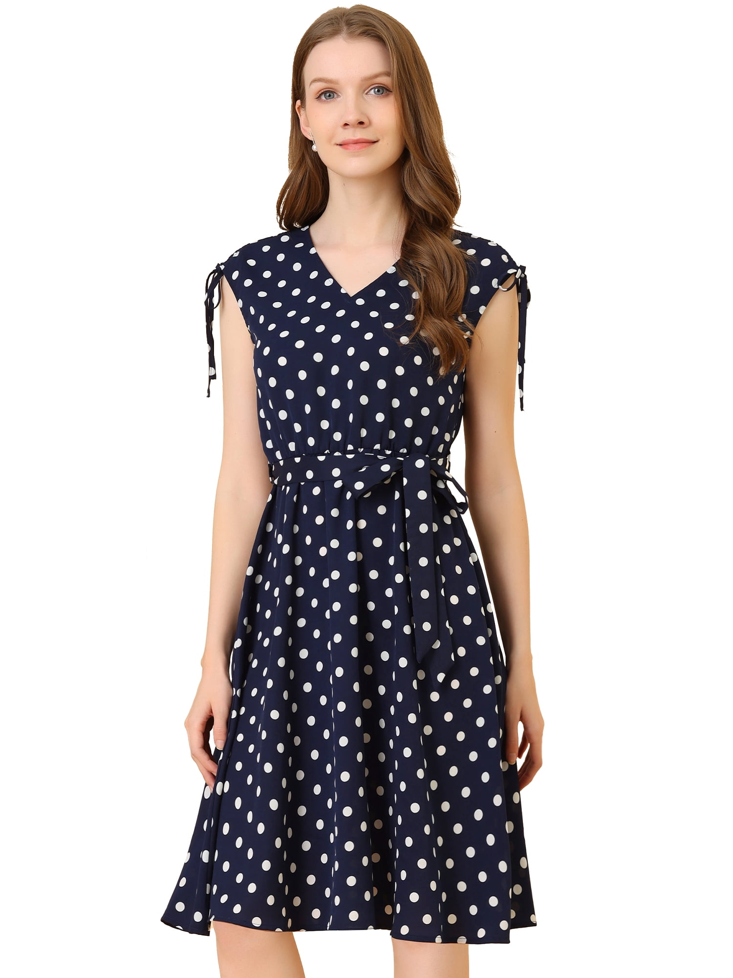 DARING DIVA Women's Polka Dots Vintage V Neck A-Line Sleeveless Midi Dress S Dark Blue