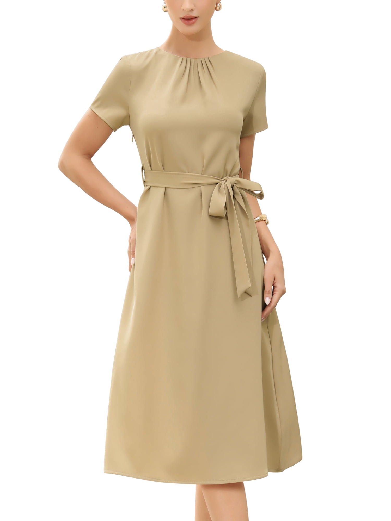 DARING DIVA Women's Polka Summer Short Sleeve A Line Flowy Dress for Work S Khaki