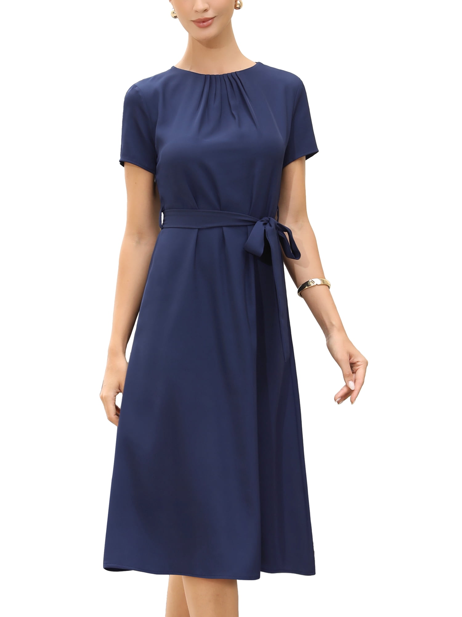 DARING DIVA Women's Polka Summer Short Sleeve A Line Flowy Dress for Work XS Navy Blue