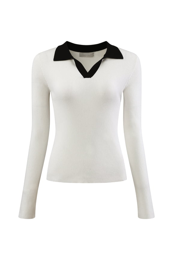 Women's Polo V Neck Long Sleeve Ribbed Knit Blouse M White