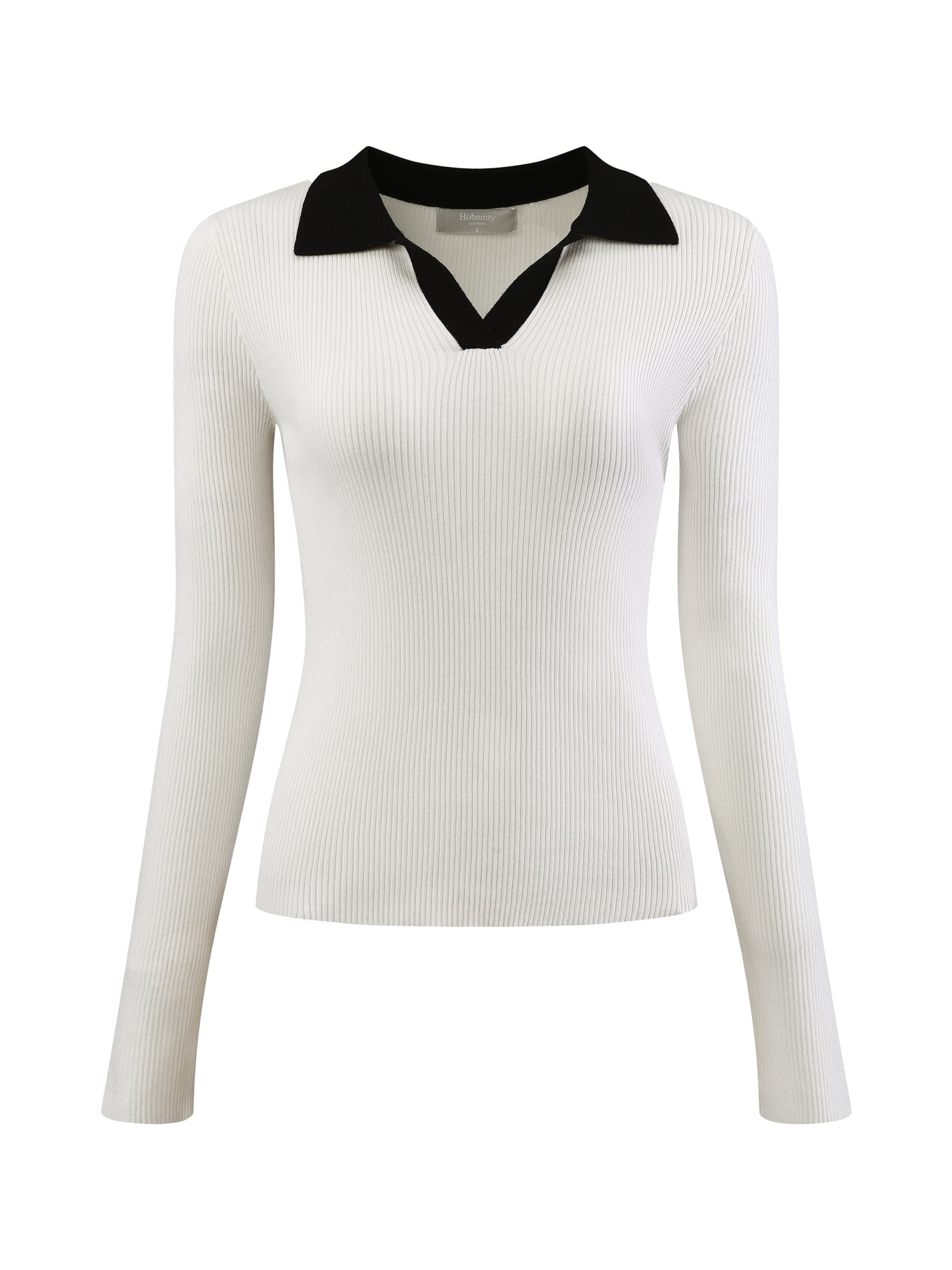 DARING DIVA Women's Polo V Neck Long Sleeve Ribbed Knit Blouse S White