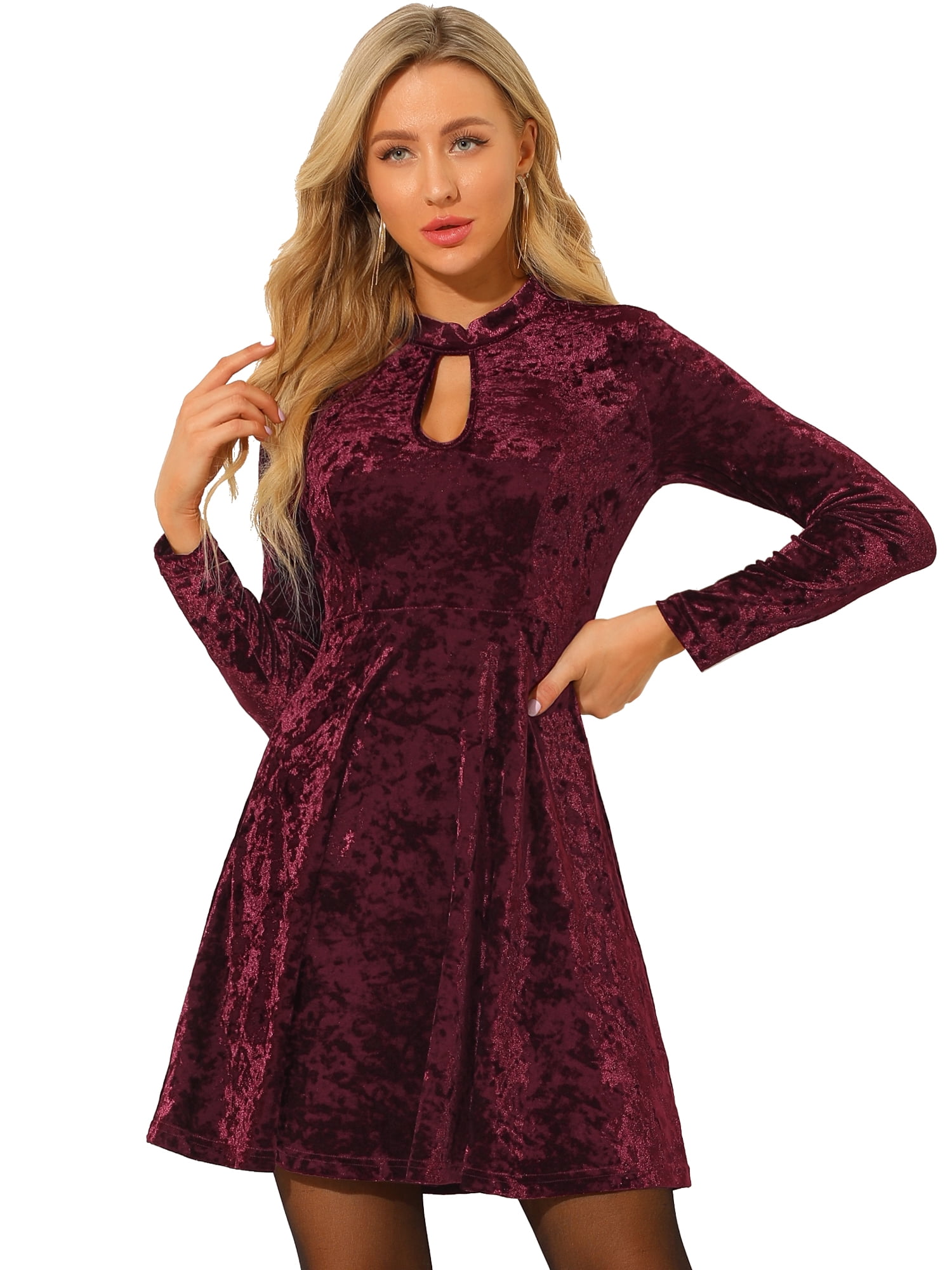 DARING DIVA Women's Prom Choker Neck High Waist Velvet Mini Dress S Burgundy