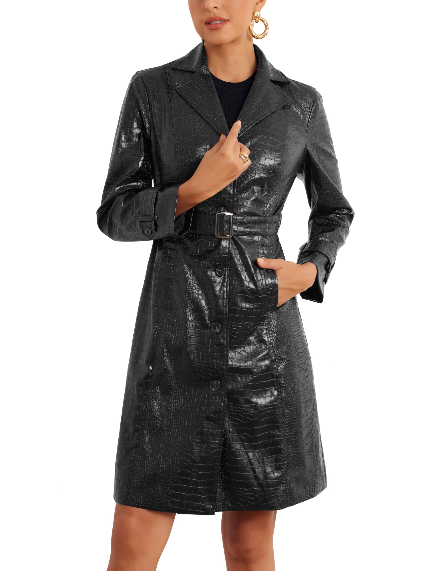 DARING DIVA Women's Pu Leather Long Trench Coat with Belt Casual Jackets L Black