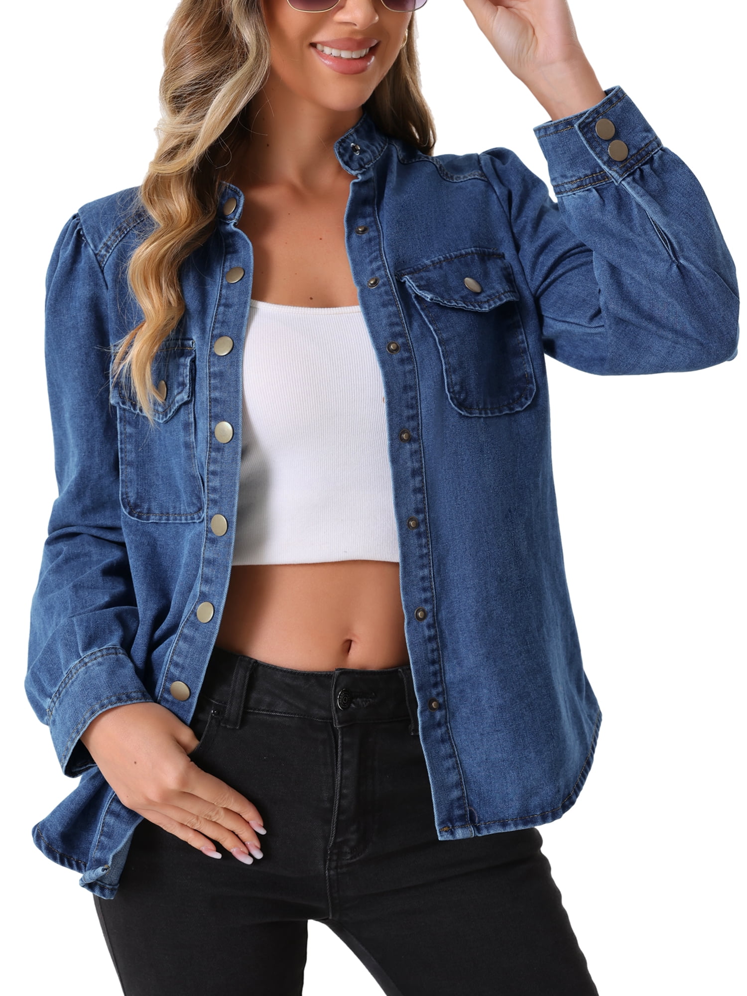 DARING DIVA Women's Puff Long Sleeve Button Down Jean Denim Jackets L Blue