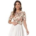 thumbnail image 1 of DARING DIVA Women's Puff Short Sleeve Ruffle Vintage Floral Blouses L Beige, 1 of 6