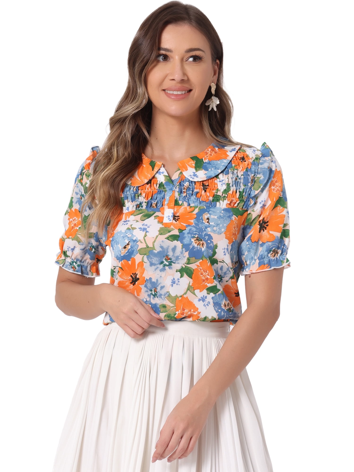 DARING DIVA Women's Puff Short Sleeve Ruffle Vintage Floral Blouses S Orange Blue