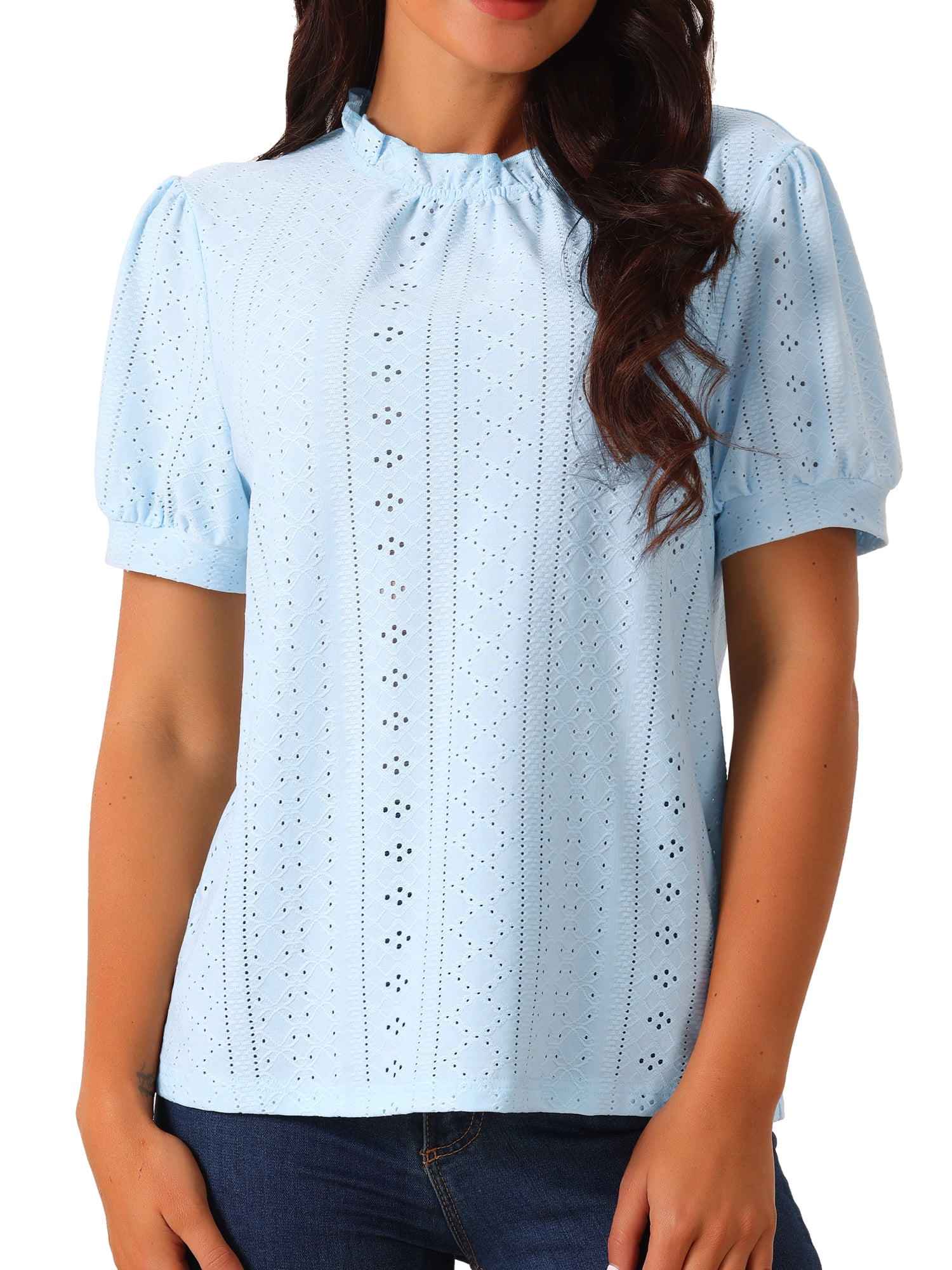 DARING DIVA Women's Puff Sleeve Eyelet Tops Back Button Down Blouses XL Light Blue