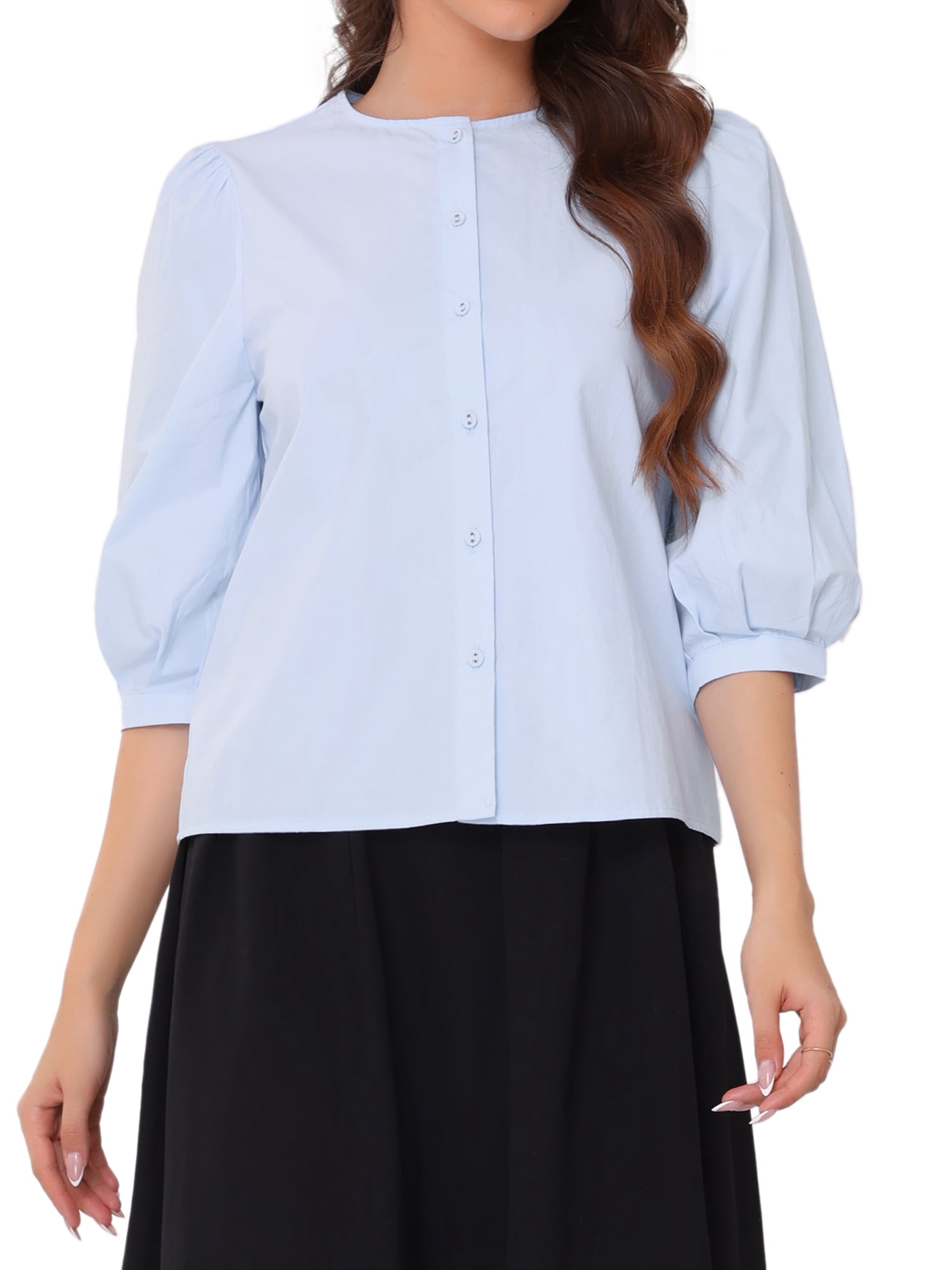 DARING DIVA Women's Puff Sleeve Crew Neck Casual Blouse Top S Blue