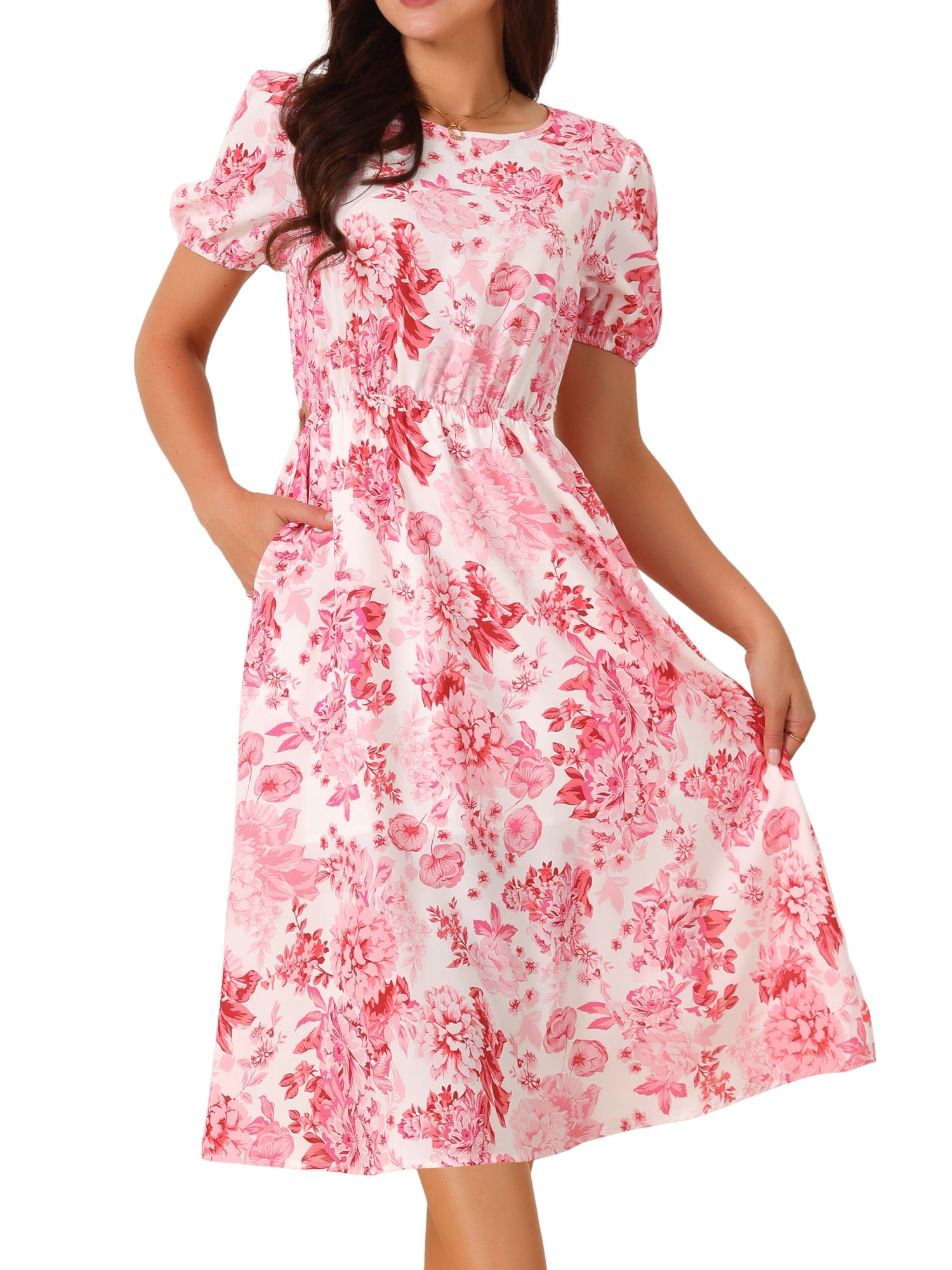 DARING DIVA Women's Puff Sleeve Cutout Waist Midi Floral Dress with Pockets L Pink