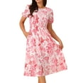 thumbnail image 1 of DARING DIVA Women's Puff Sleeve Cutout Waist Midi Floral Dress with Pockets L Pink, 1 of 5