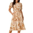 thumbnail image 1 of DARING DIVA Women's Puff Sleeve Cutout Waist Midi Floral Dress with Pockets M Orange, 1 of 5