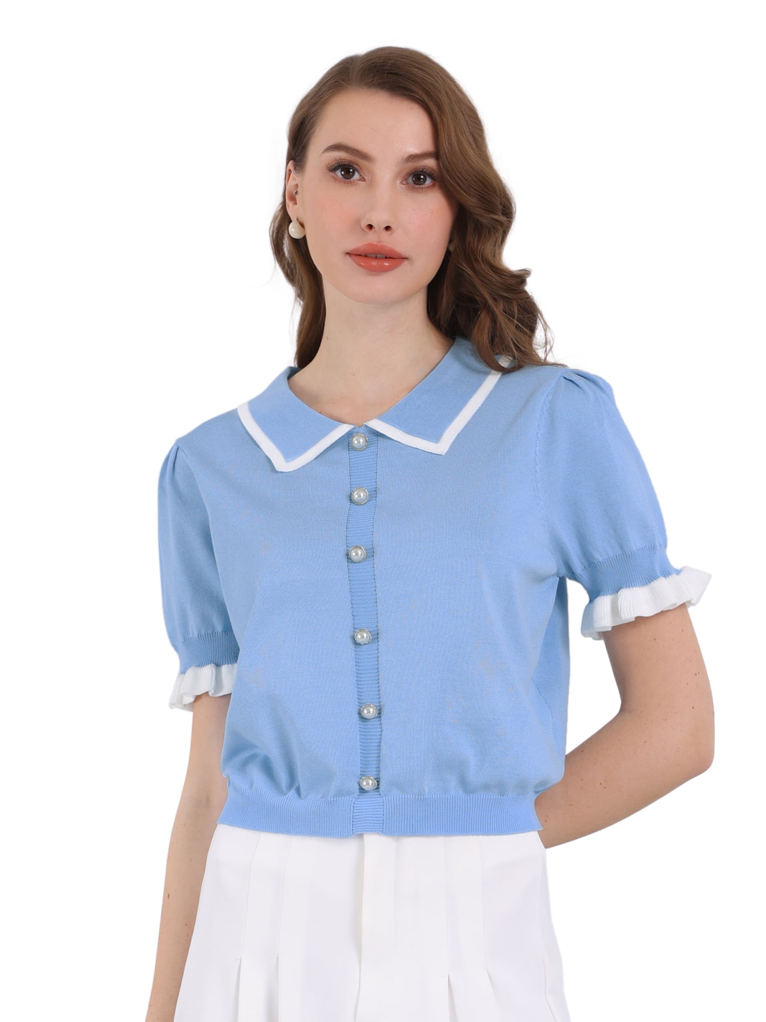 DARING DIVA Women's Puff Sleeve Dressy Vintage Knit Ruffled Crop Top S Blue