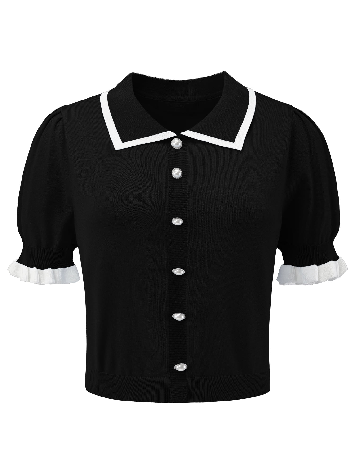 DARING DIVA Women's Puff Sleeve Dressy Vintage Knit Ruffled Crop Top XL Black