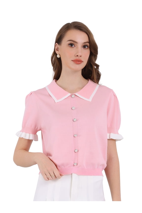 Women's Puff Sleeve Dressy Vintage Knit Ruffled Crop Top XL Pink