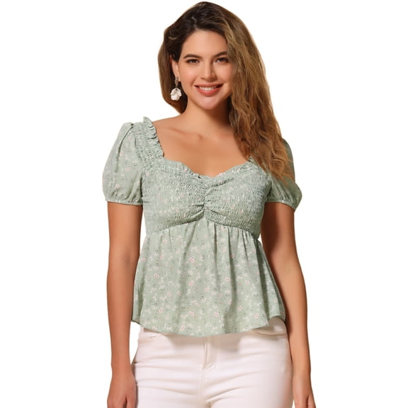 DARING DIVA Women's Puff Sleeve Floral Sweetheart Neck Ruffle Peplum Top L Light Green