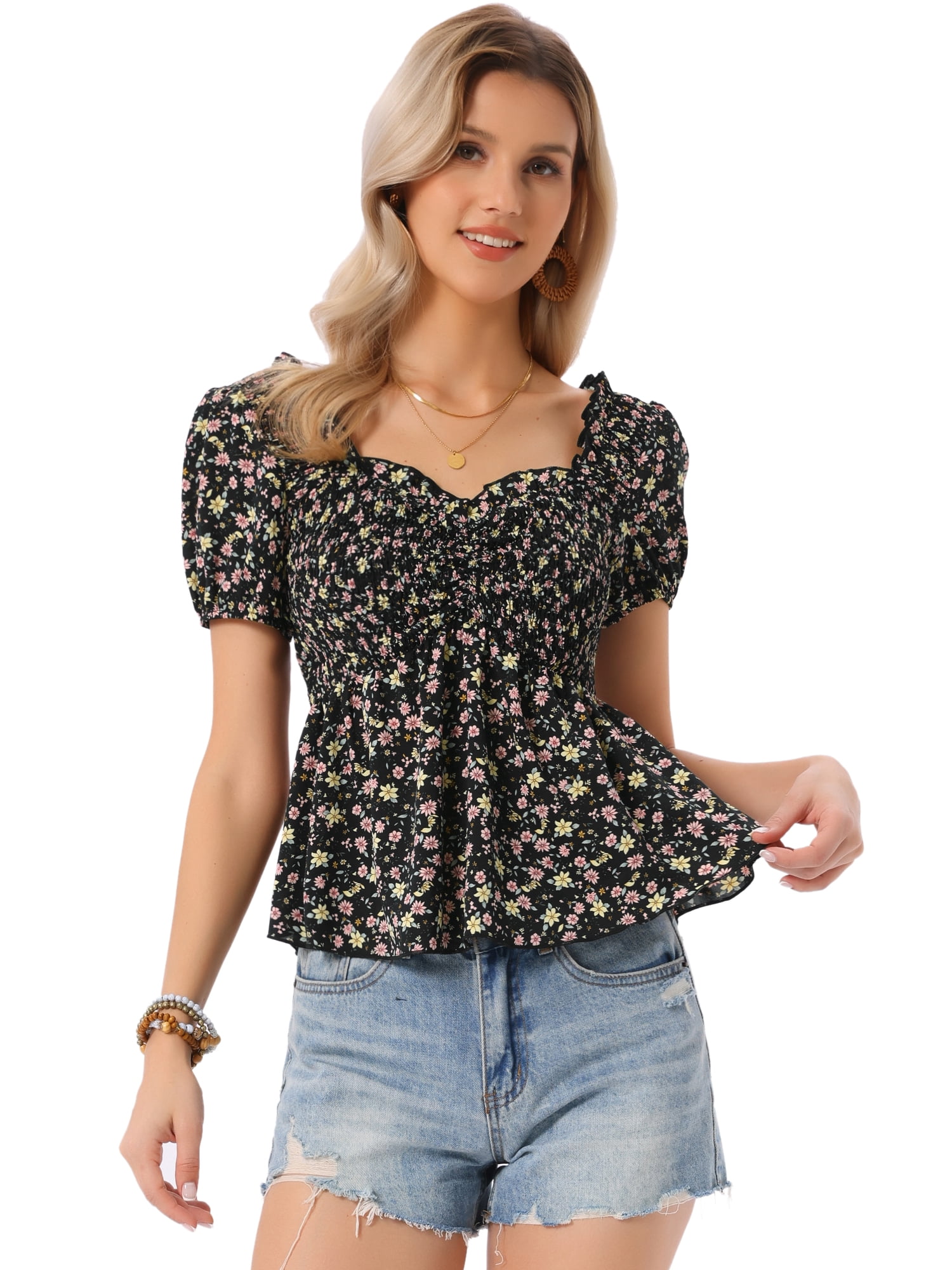 DARING DIVA Women's Puff Sleeve Floral Sweetheart Neck Ruffle Peplum Top S Black