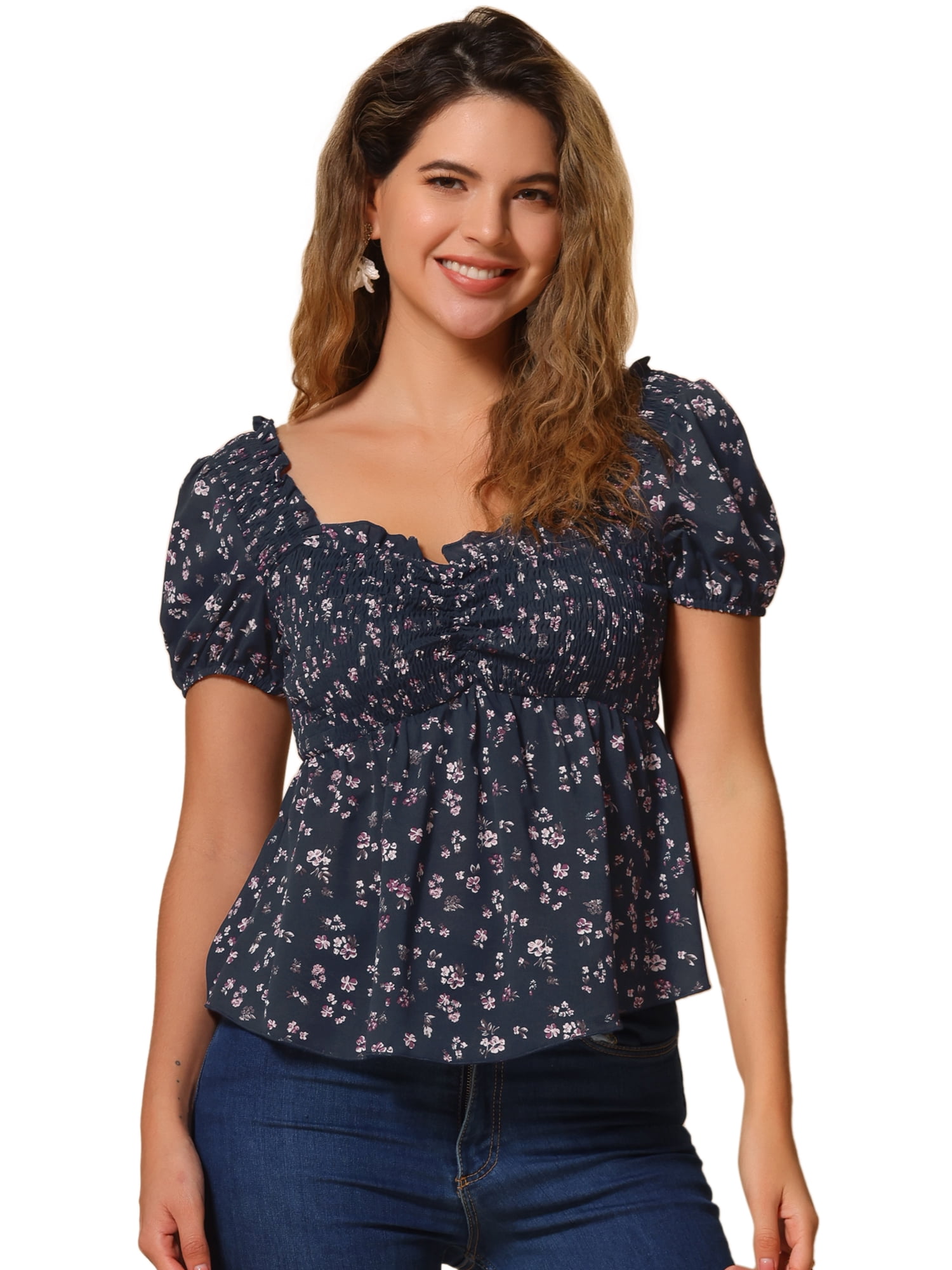 DARING DIVA Women's Puff Sleeve Floral Sweetheart Neck Ruffle Peplum Top XL Dark Blue