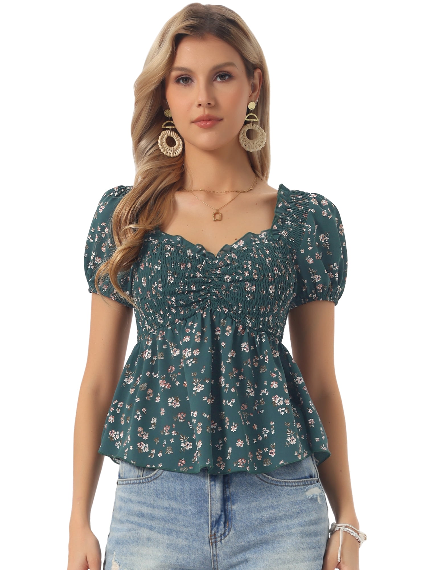 DARING DIVA Women's Puff Sleeve Floral Sweetheart Neck Ruffle Peplum Top M Dark Green
