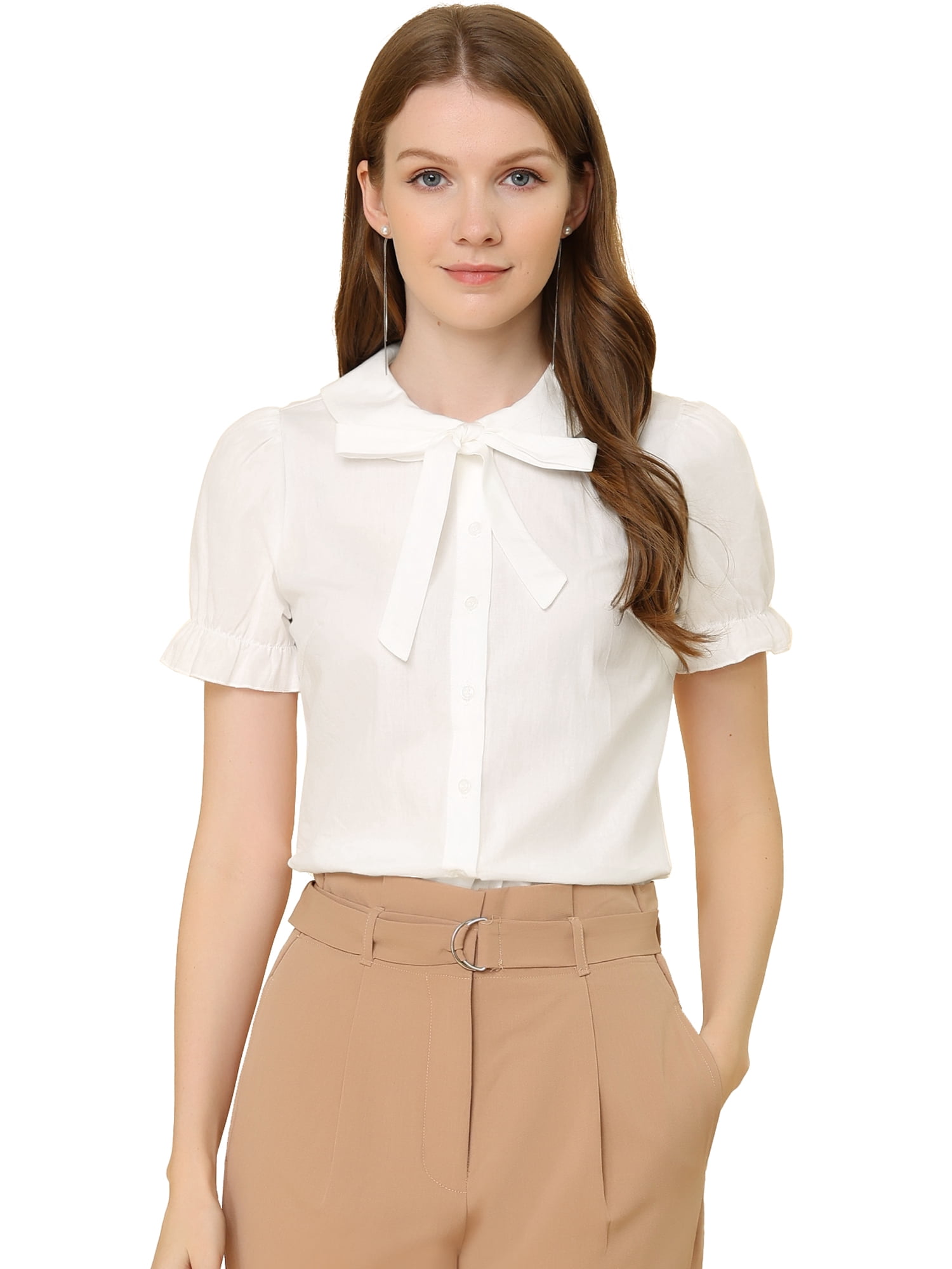 DARING DIVA Women's Puff Sleeve Peter Pan Collar Tie Neck Button-Up Shirt L White