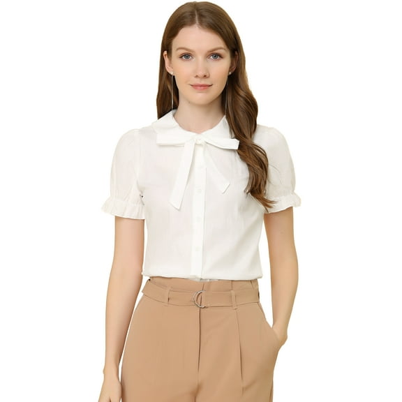 DARING DIVA Women's Puff Sleeve Peter Pan Collar Tie Neck Button-Up Shirt L White