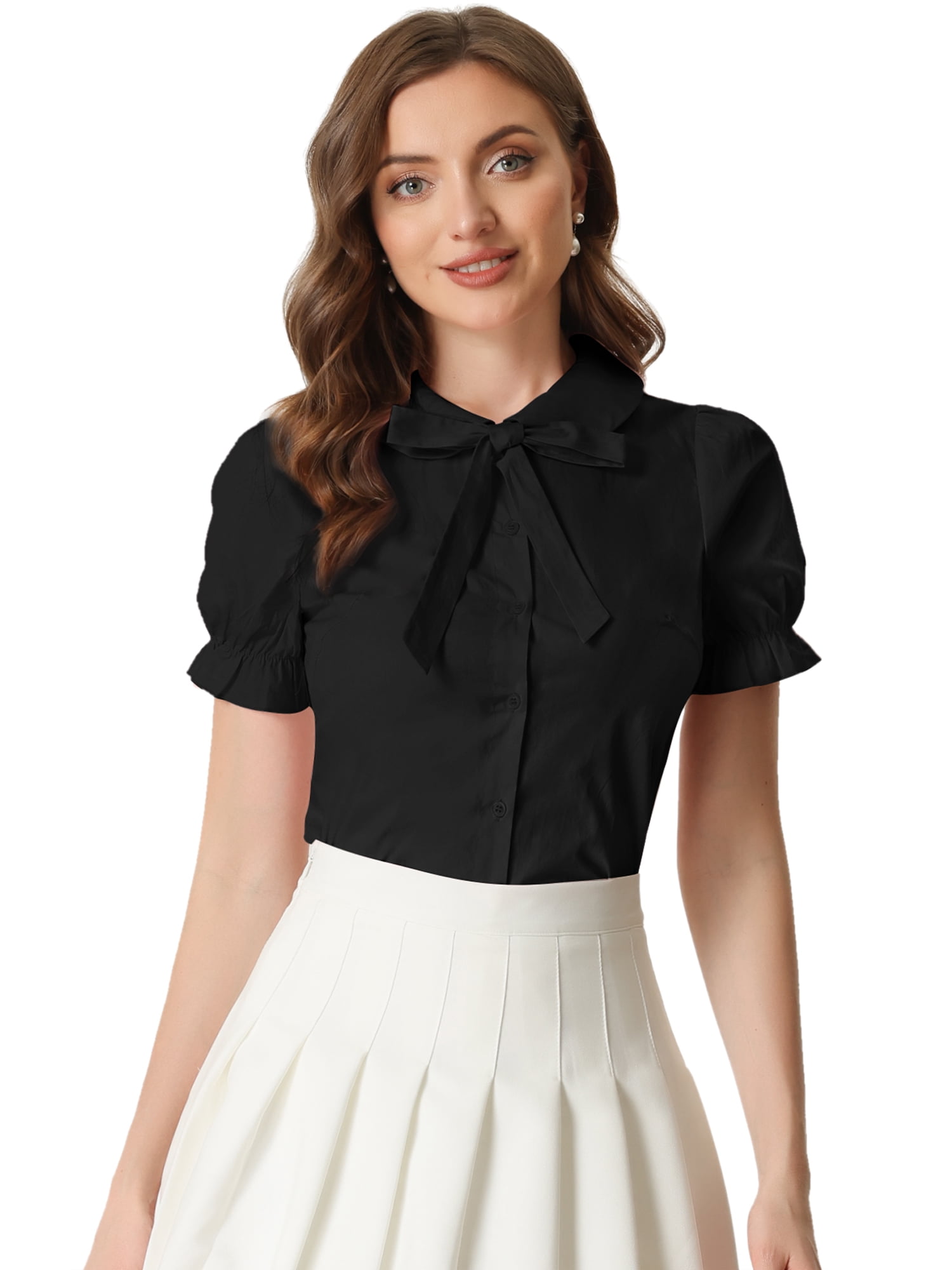 DARING DIVA Women's Puff Sleeve Peter Pan Collar Tie Neck Button-Up Shirt M Black