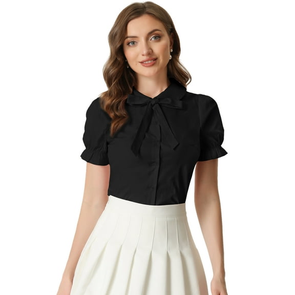 DARING DIVA Women's Puff Sleeve Peter Pan Collar Tie Neck Button-Up Shirt XS Black