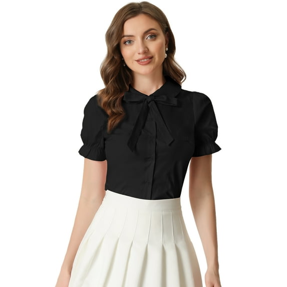 DARING DIVA Women's Puff Sleeve Peter Pan Collar Tie Neck Button-Up Shirt XS Black