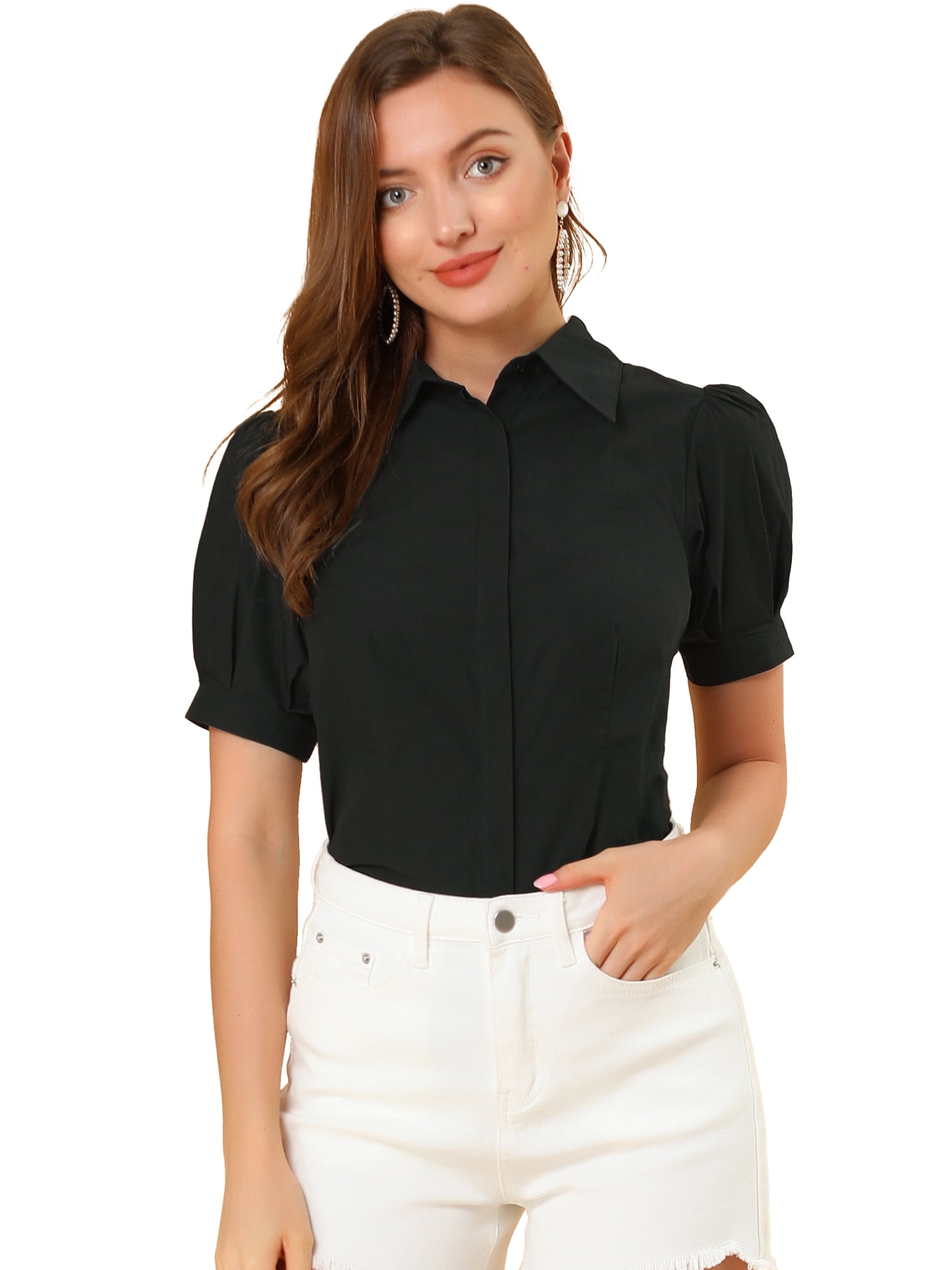 DARING DIVA Women's Puff Sleeve Point Collar Essential Office Shirt M Black