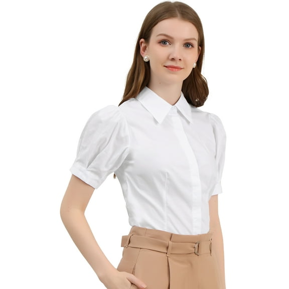 DARING DIVA Women's Puff Sleeve Point Collar Essential Office Shirt M White