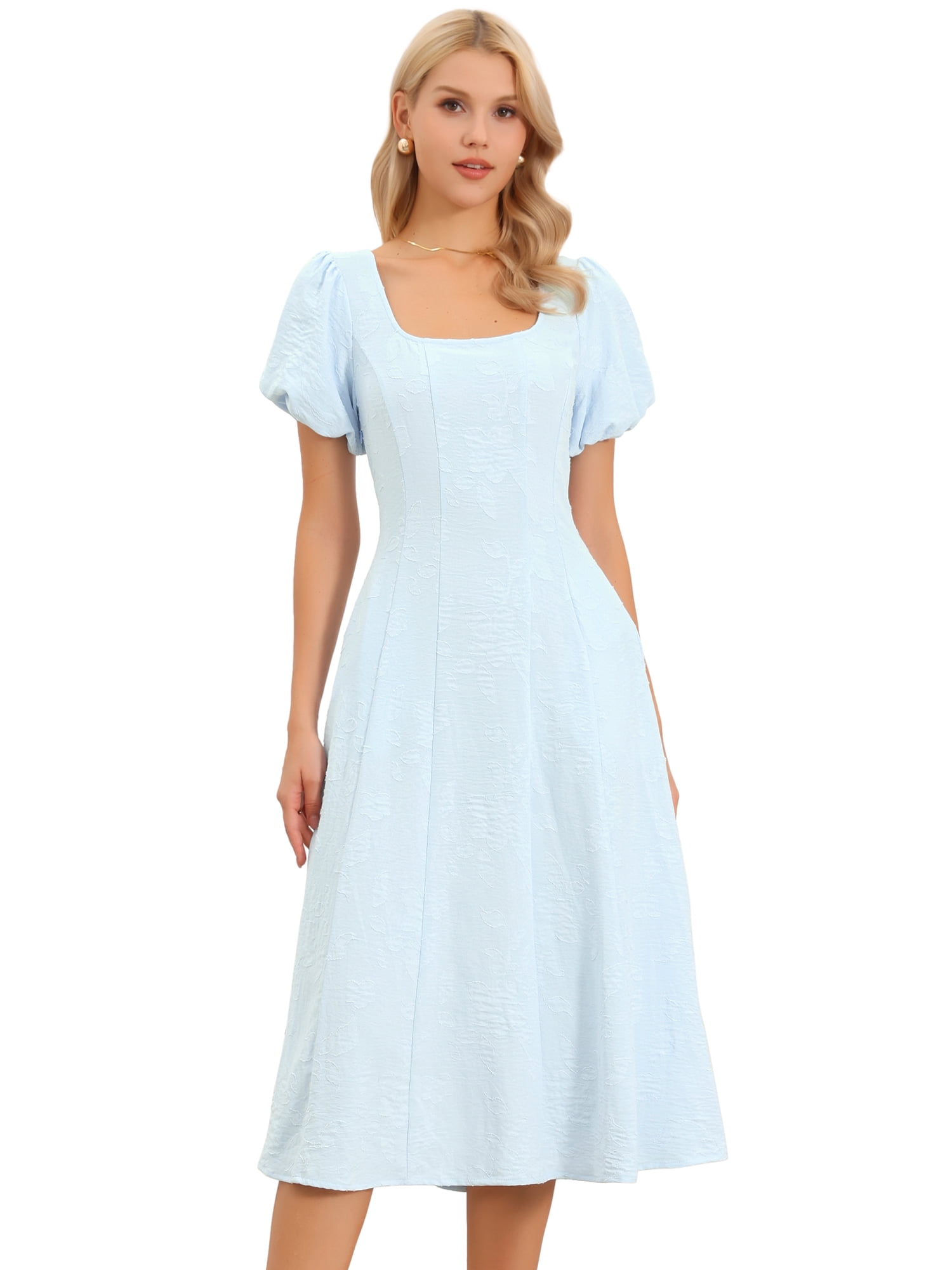 DARING DIVA Women's Puff Sleeve Square Neck Floral A Line Midi Dress L Blue