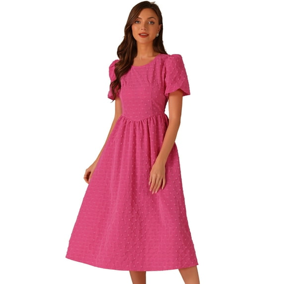 DARING DIVA Women's Puff Sleeve Textured Fit and Flare Dresses S Hot Pink