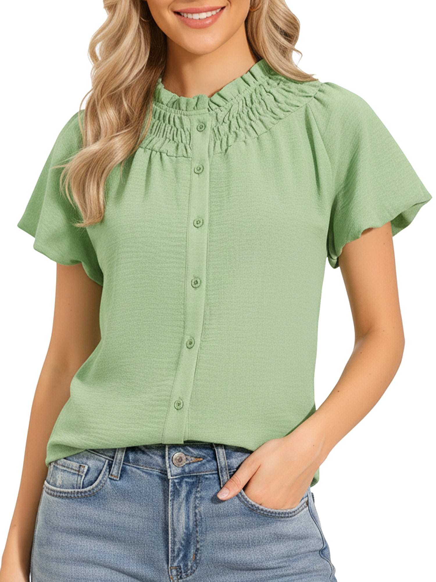 DARING DIVA Women's Puff Sleeve Tops  Ruched Button Down Shirts S Light Green